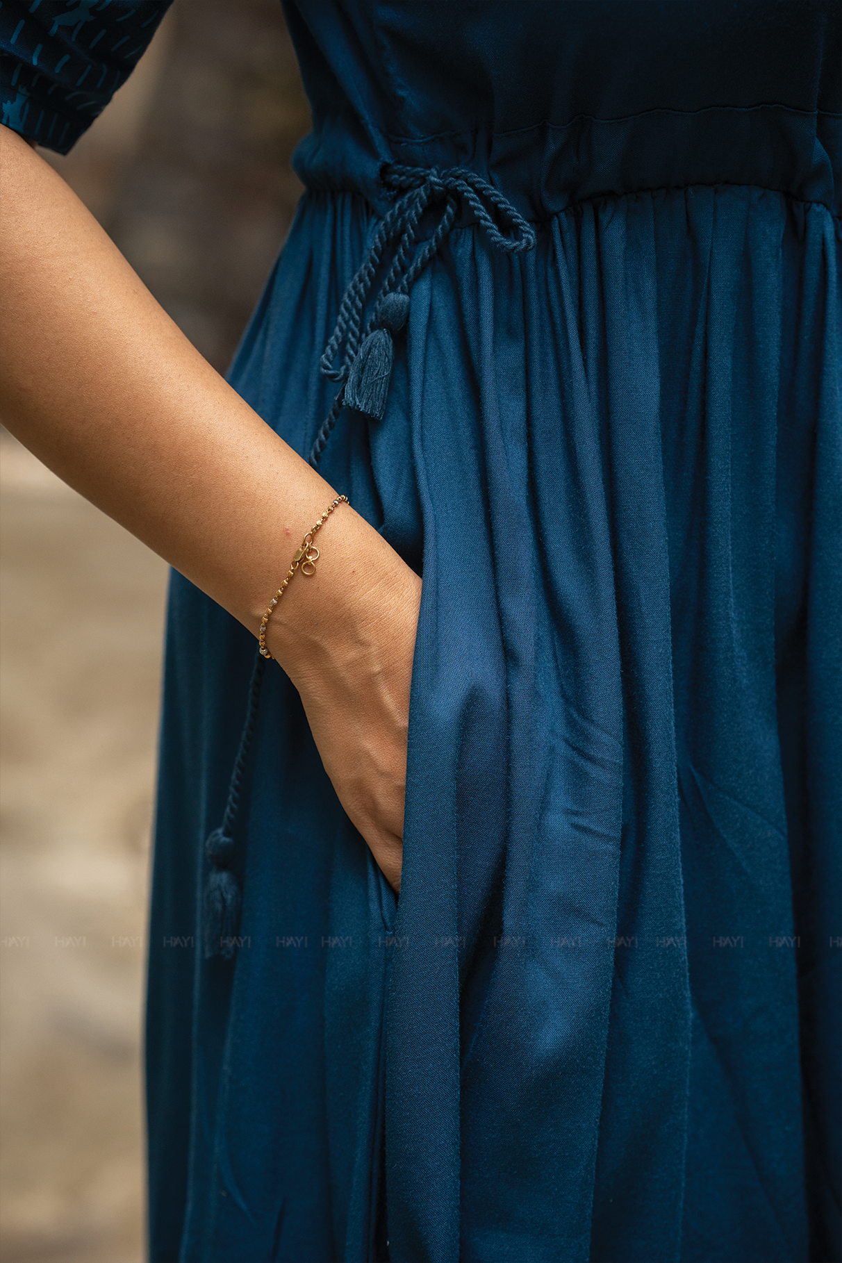 Blue Dessert Blue Viscose Dress with Round Neck & Placement Detail