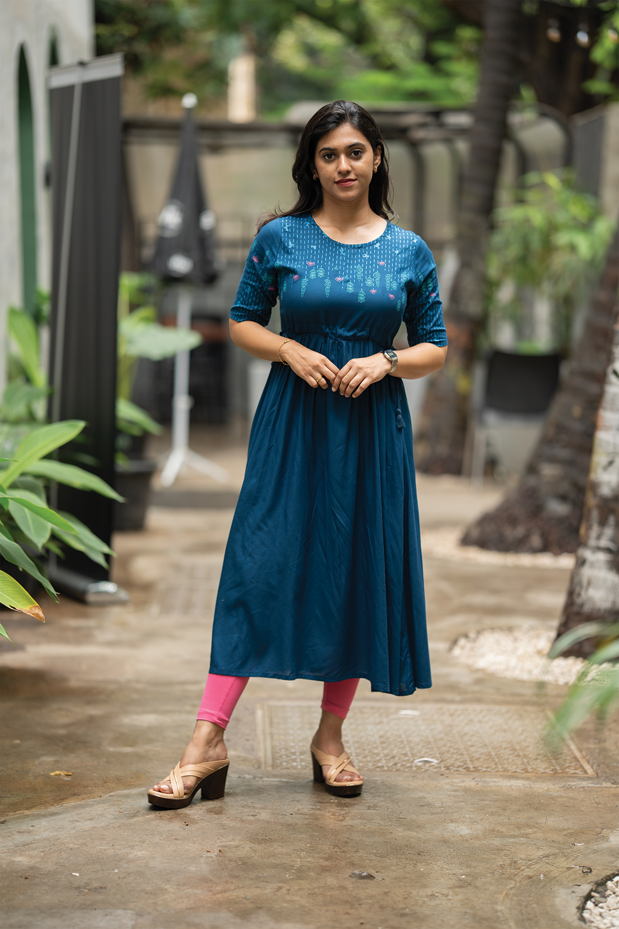 Blue Dessert Blue Viscose Dress with Round Neck & Placement Detail