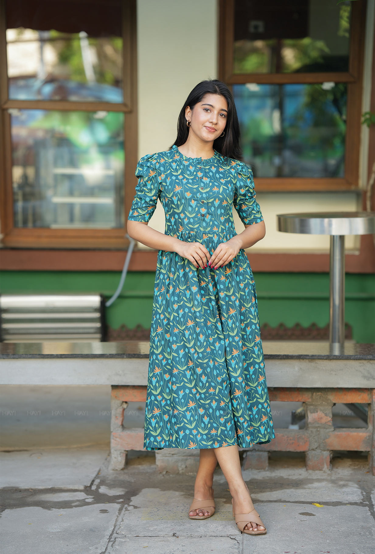 Flare Green with Lush Bloomlet floral printed Maternity and Feeding Dress