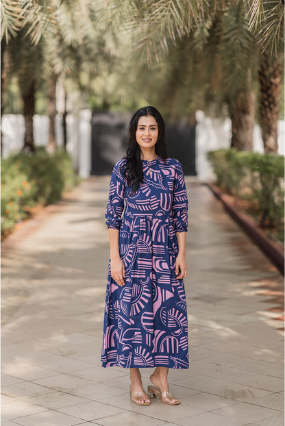 Geometric Whispers Blue Viscose Dress with Keyhole