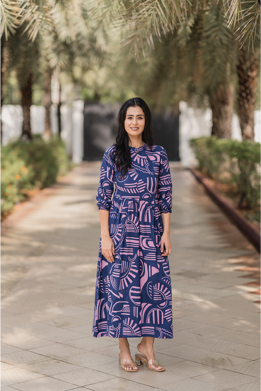 Geometric Whispers Blue Viscose Dress with Keyhole