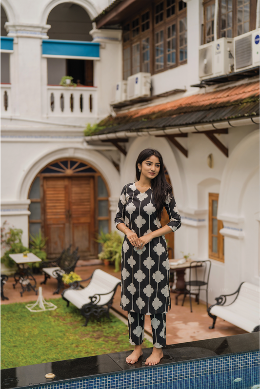 Blushstem Black Viscose Co-ord with V-Neck & Floral Print