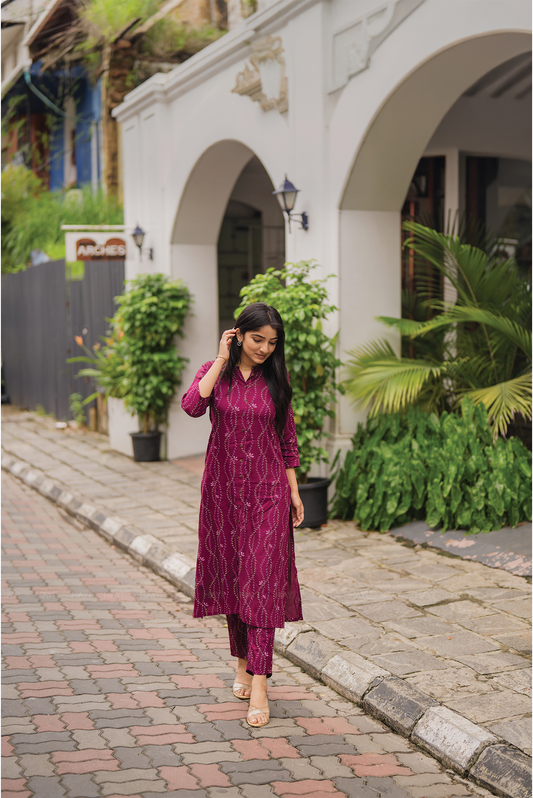 Euphoric oasis Wine Viscose Co-ord with Chinese Collar