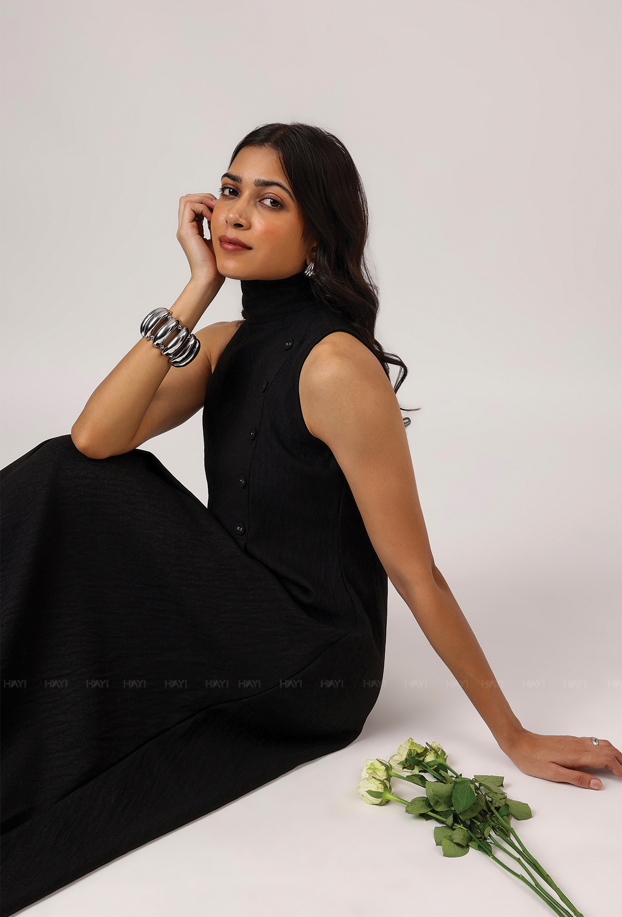 Blackout Babe High Neck With Side Buttons Flared Dress