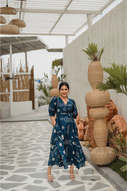 Navy Wrap Cotton Dress with V-Neckline Wraparound Style