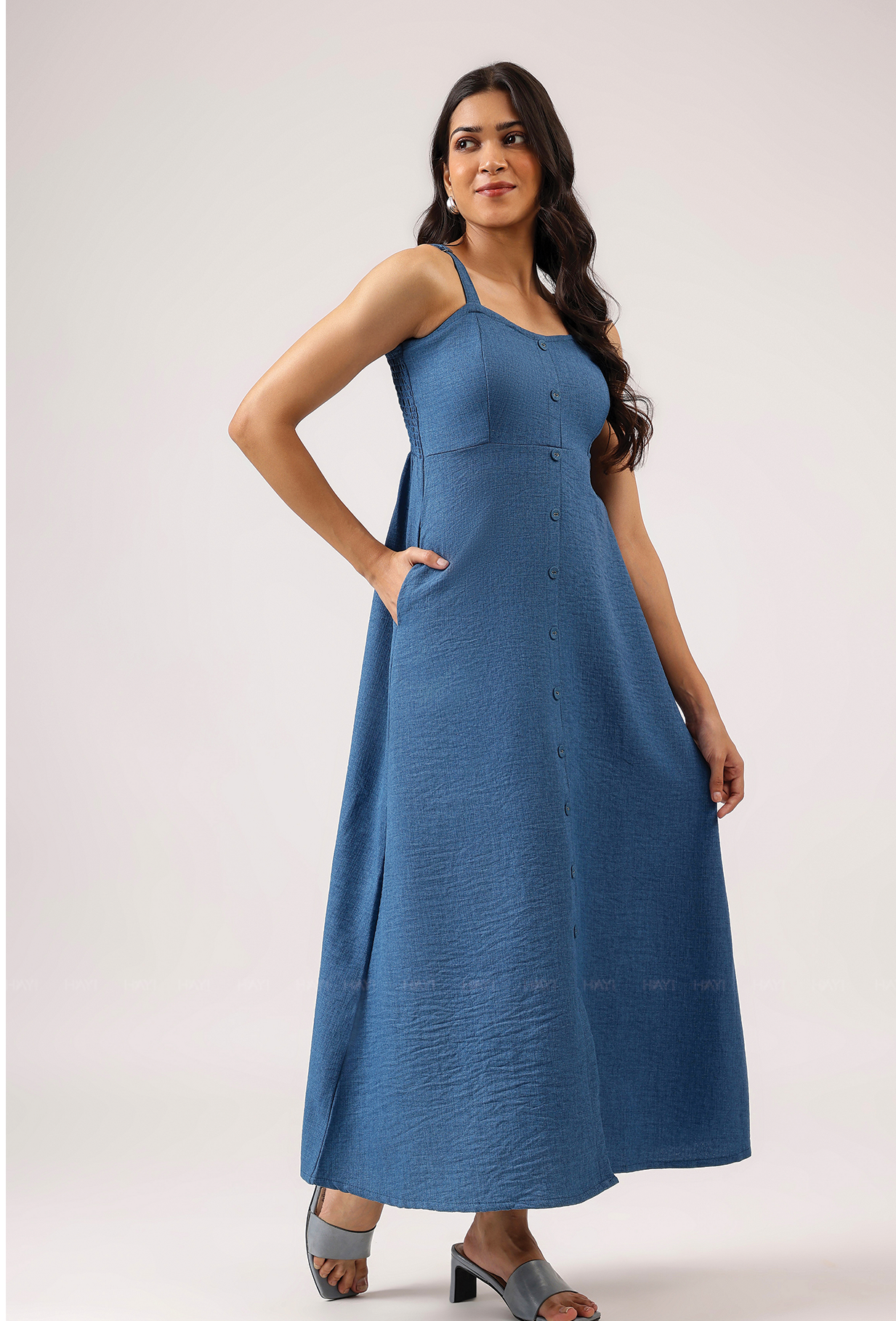 Rawelle Denim Blue Adjustable Strap Spaghetti With Back Smock