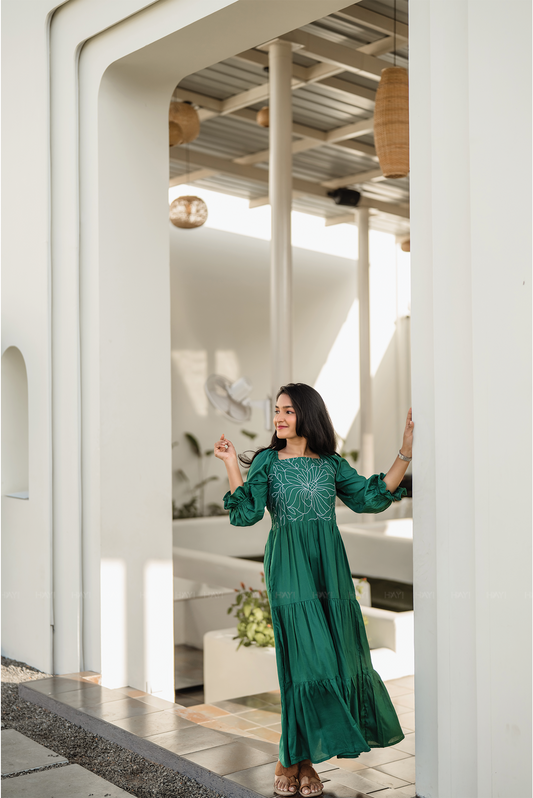 Green Floral Whimsy Green Viscose Dress with Shoulder Elastic & Embroidery