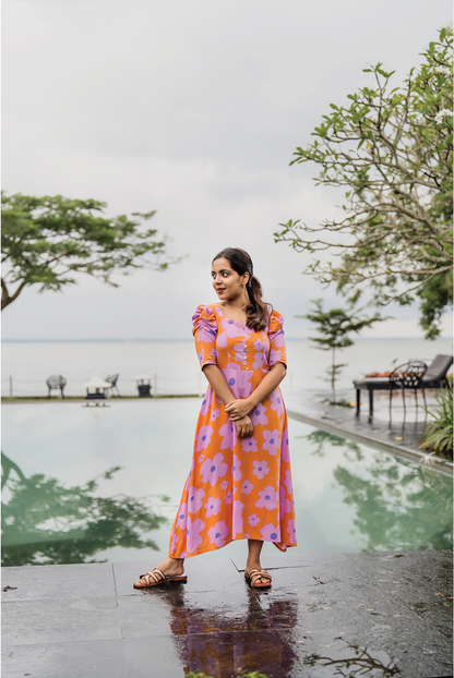 Orange Floral Flair Viscose Dress with Sweetheart Neckline