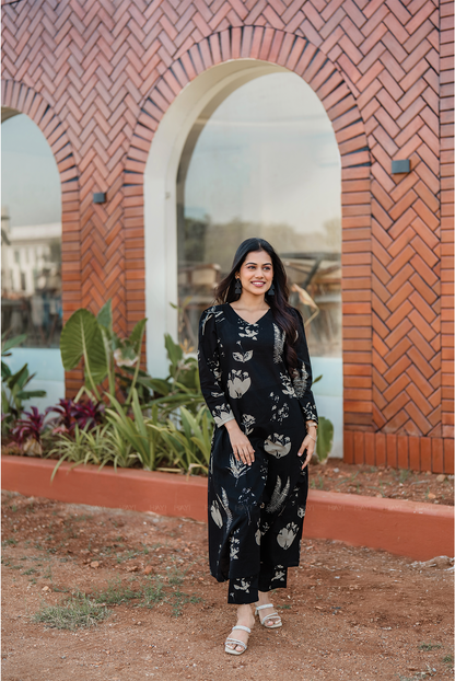 Fogblush Black Cotton Blend Co-ord with V-Neck & Light Puff Sleeves