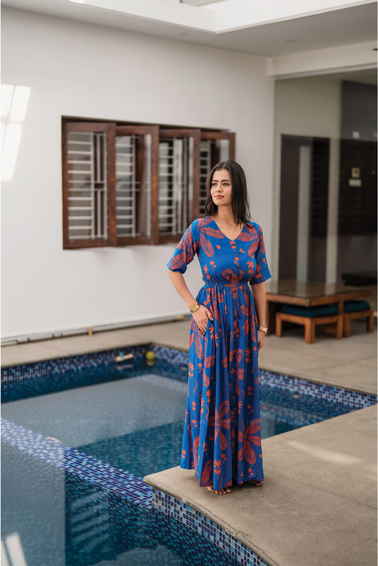 Tropic Tale Blue Viscose Dress with Waist Elastic