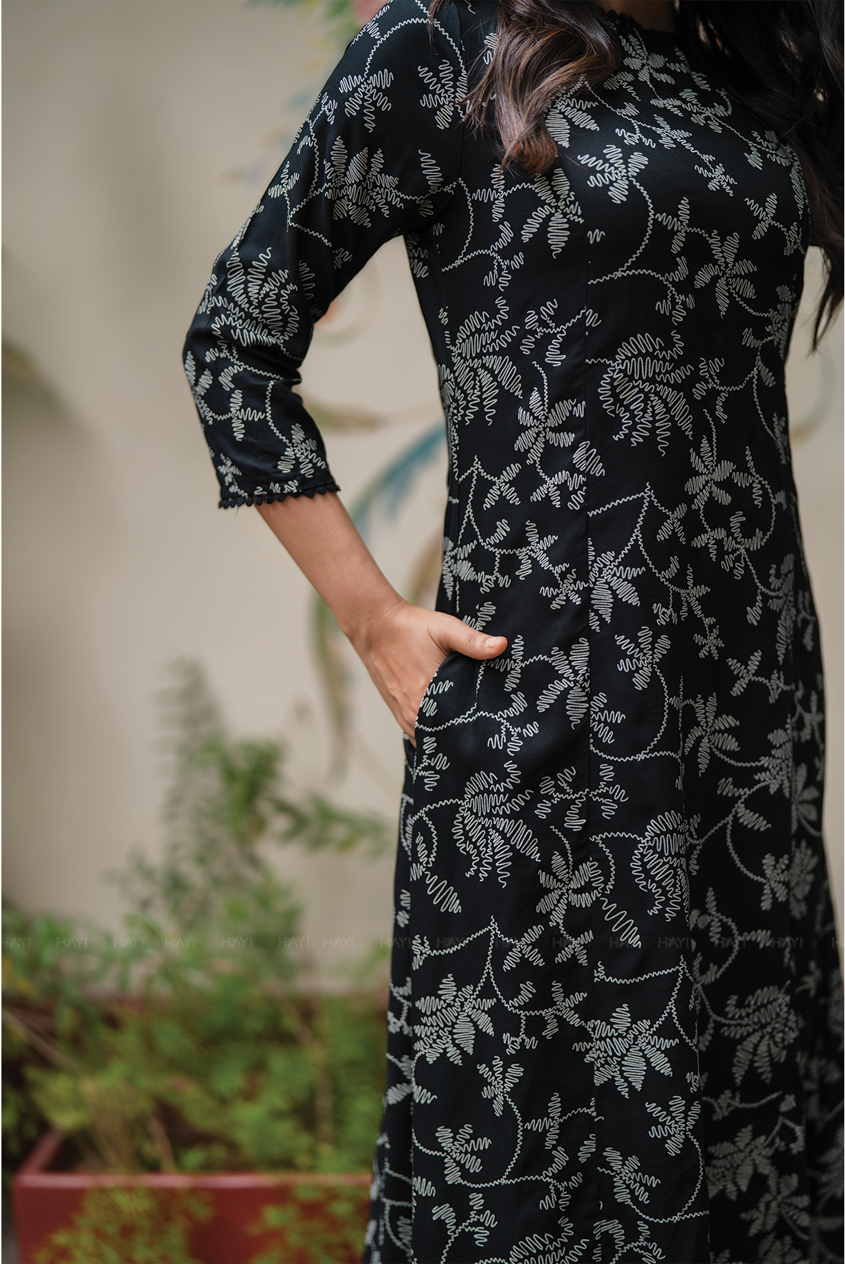 Pristine Black with Noir Blossom printed Viscose Dress