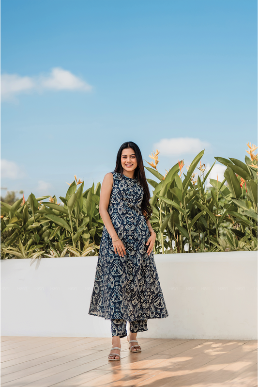 Rustic Royal Blue Cotton Co-ord with Close Neck