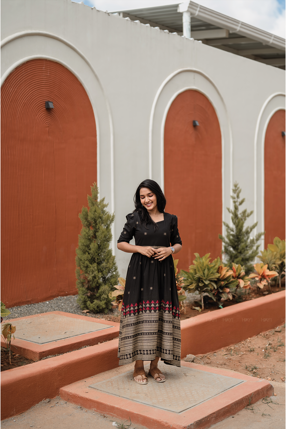 Starlight Black Handloom Dress with Sweetheart Neck & Leg-O-Mutton Sleeves