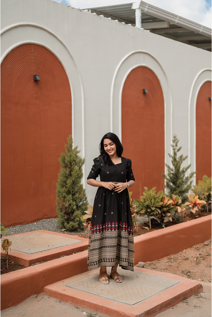 Starlight Black Handloom Dress with Sweetheart Neck & Leg-O-Mutton Sleeves