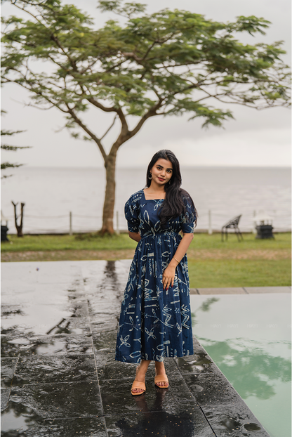 Celestial Dream Blue Cotton Dress with Rounded Square Neck