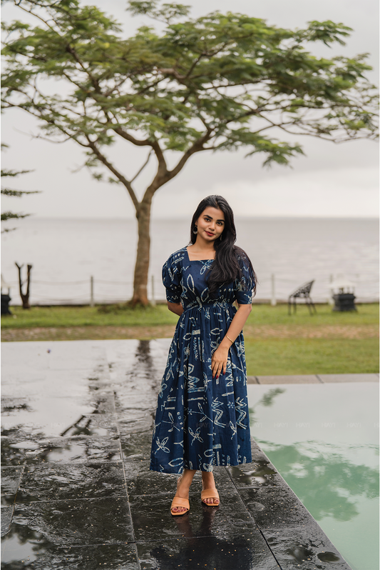 Celestial Dream Blue Cotton Dress with Rounded Square Neck