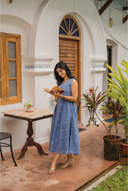 Ocean Polka Blue Handloom Cotton Dress With V Neckline Detached 3/4th Sleeves