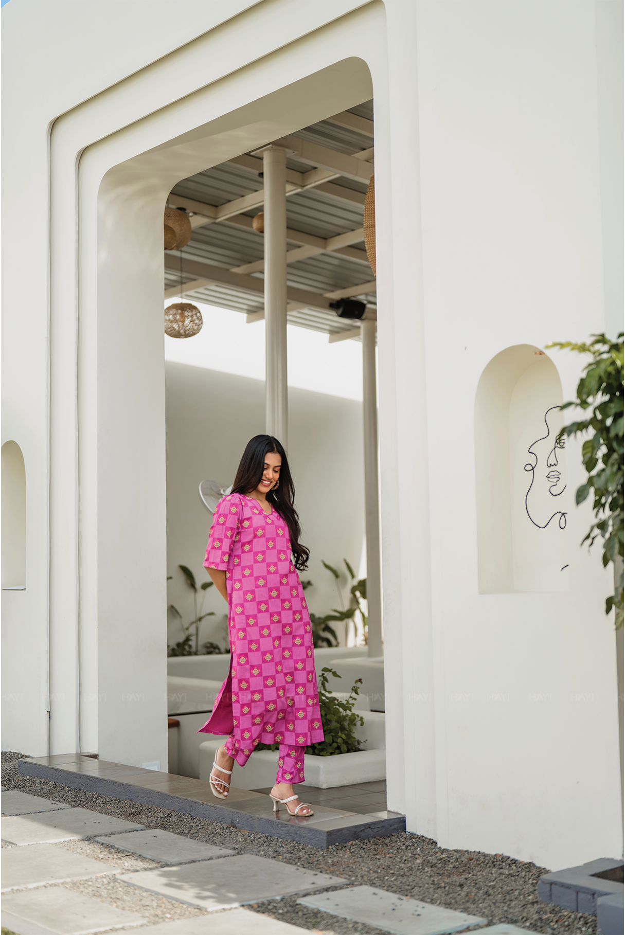 Pink Lattice Glam Viscose Co-ord with V-Neck & Lace