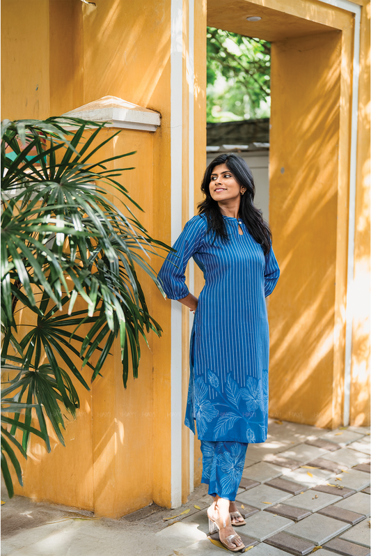 Sapphire Grace Blue Linen Blend Co-ord with Chinese Collar with Keyhole