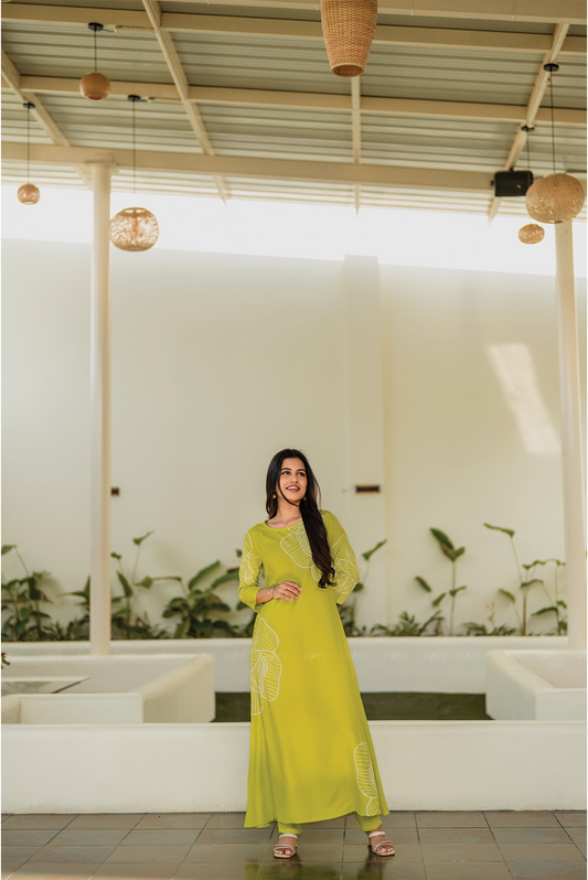 Leaf Light Charm Green Viscose Co-ord with Boat Neck & 3/4th Sleeves