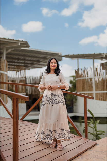 Lush Layers Beige Viscose Dress with Tropical Palm Print