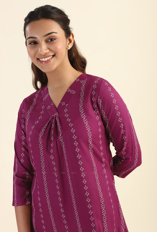 Plum Linear Striped Viscose Printed Dress