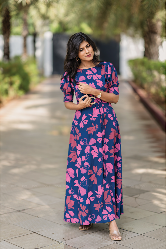 Berry Noir Blue Viscose Dress with Puff Sleeves & Belt