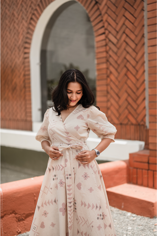Puffy Poise Beige Cotton Blend Wrap Dress with V-Neckline & Puff Sleeves