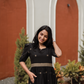 Starlight Black Handloom Dress with Sweetheart Neck & Leg-O-Mutton Sleeves