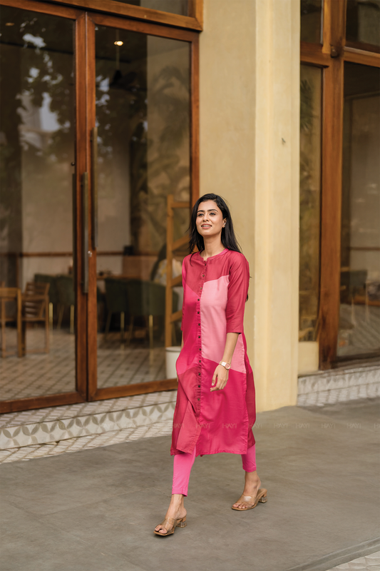 Orbit Pink with Fuschia Flame Printed Linen Blend Kurta