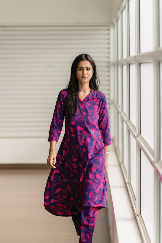 Mystic Swirl Violet Viscose Co-ord with Shirt Collar & Print