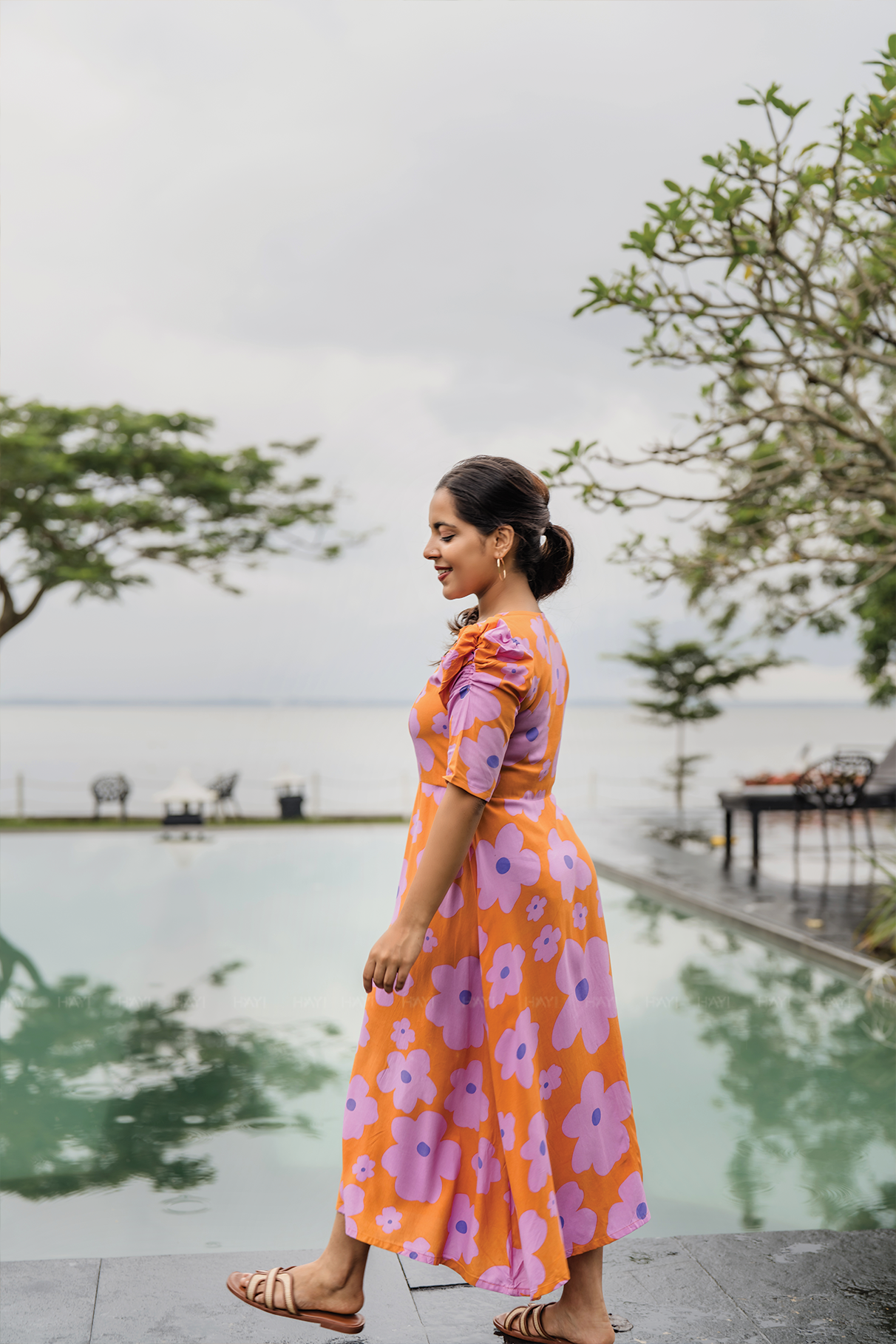 Orange Floral Flair Viscose Dress with Sweetheart Neckline