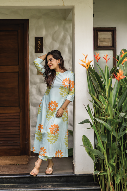 Aacral Blossom Blue Viscose co-ord with Boat Neck & Floral Print