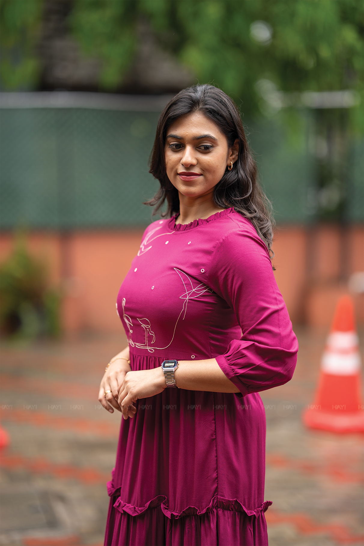 Moonlit Swans Violet Viscose Dress with Frill Neck & Embroidered Yoke