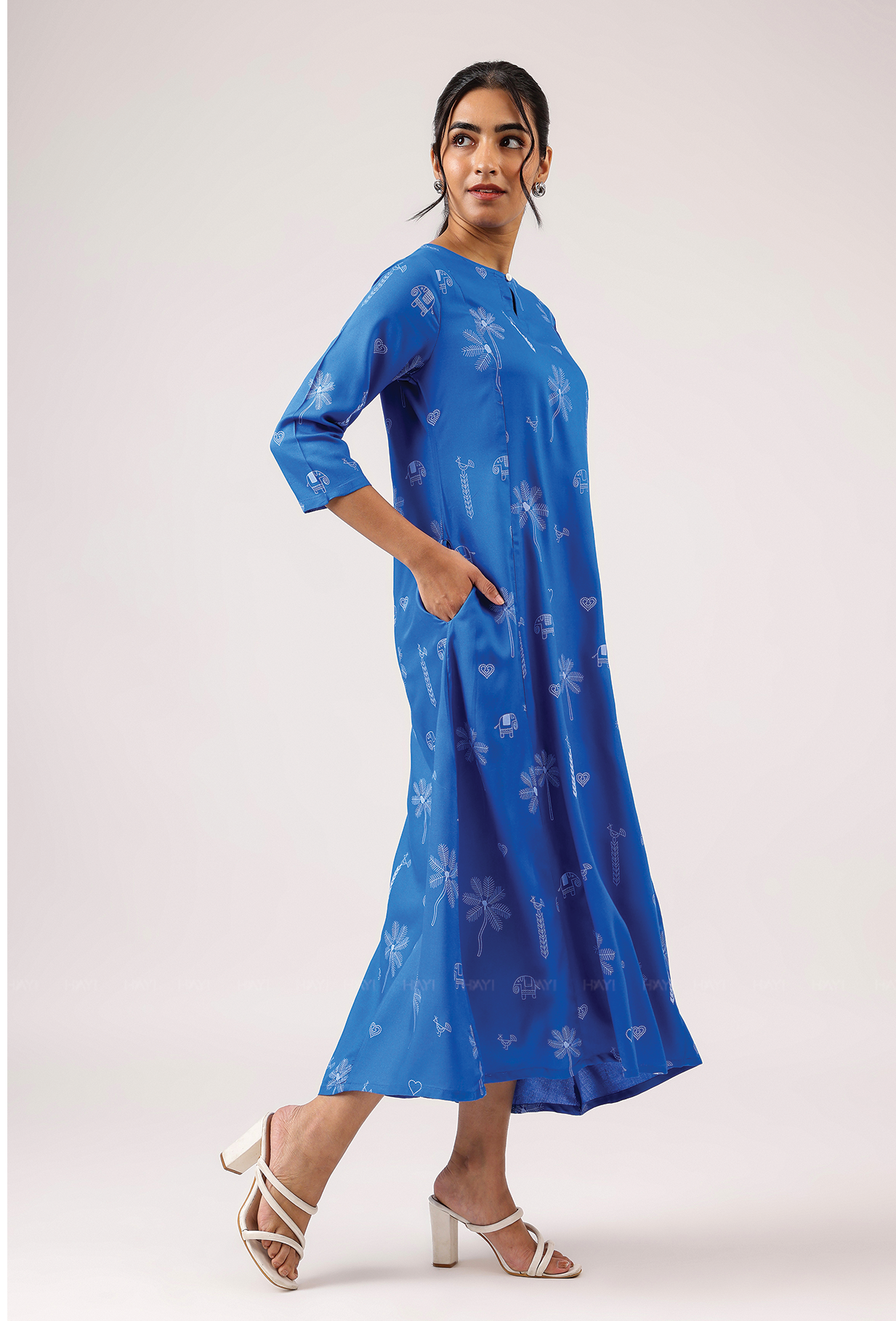 Cerulean Blue with Deep Ocean Viscose printed A-line Dress