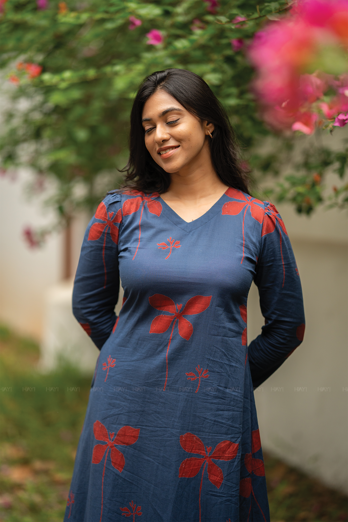 Dusky Wings Blue cotton blend Co-ord with V-Neck & 3/4 Puff Sleeves