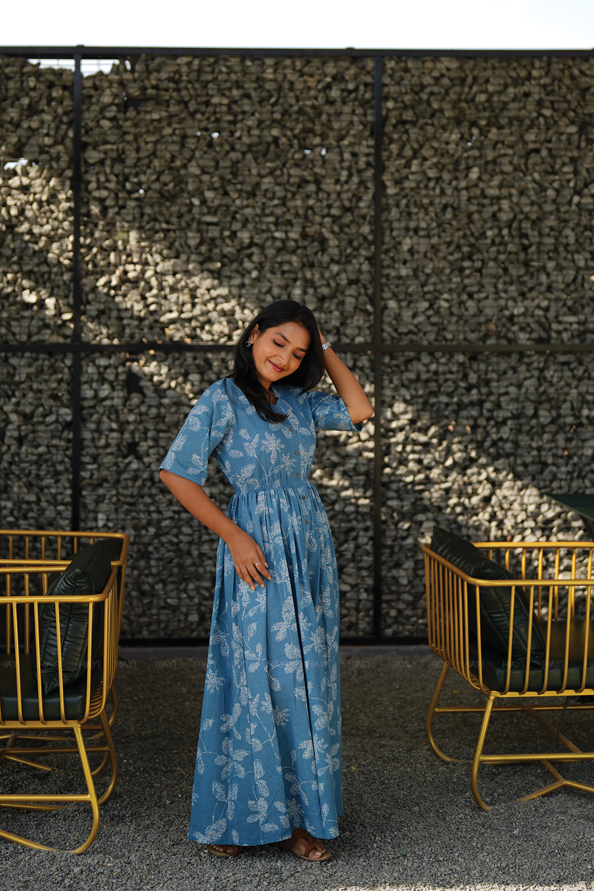 Morning Dew Blue Cotton Dress with V-Neck & Elbow Sleeves