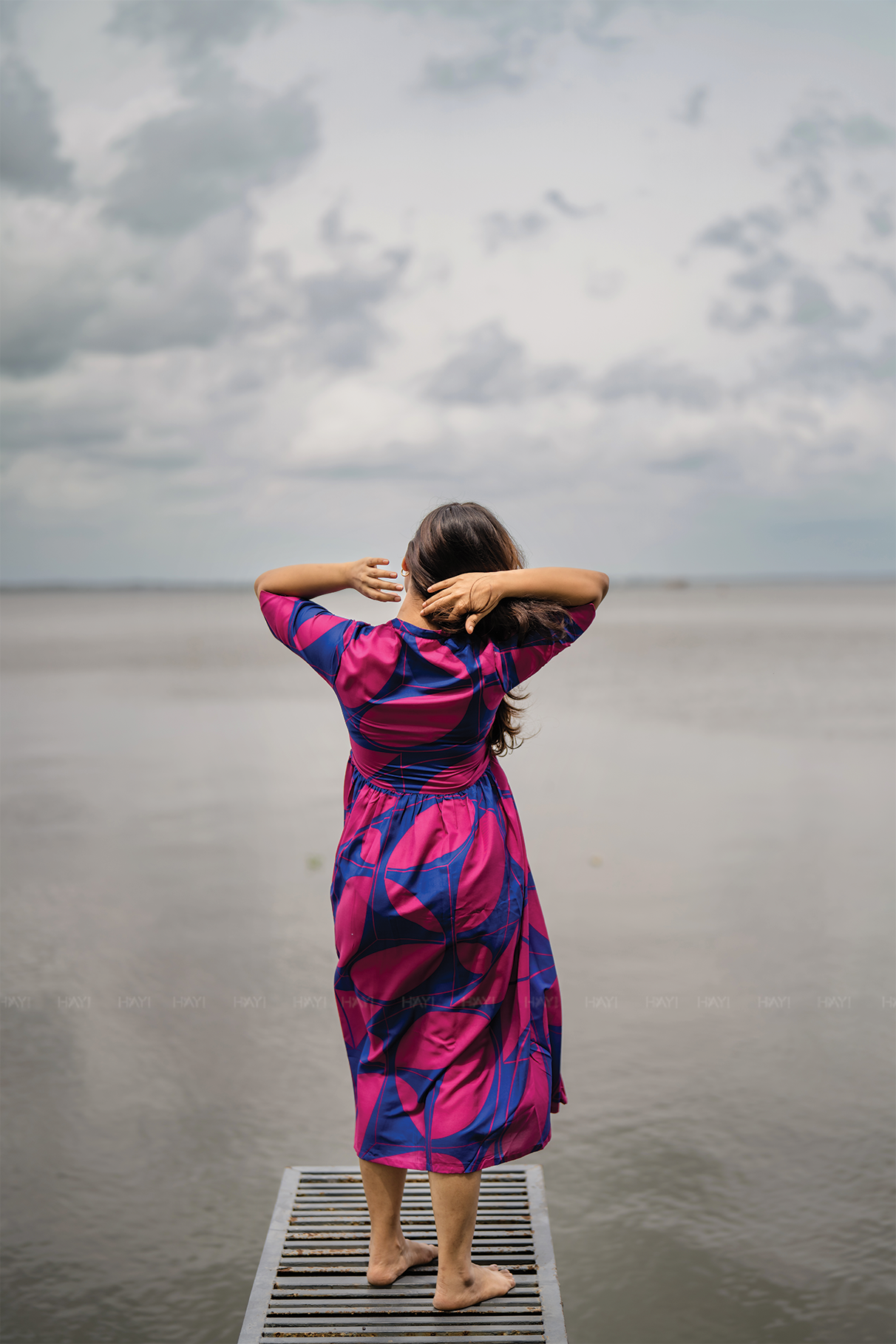 Blazing Blue with Cosmic Petals printed Maternity and Feeding Linen Blend Dress