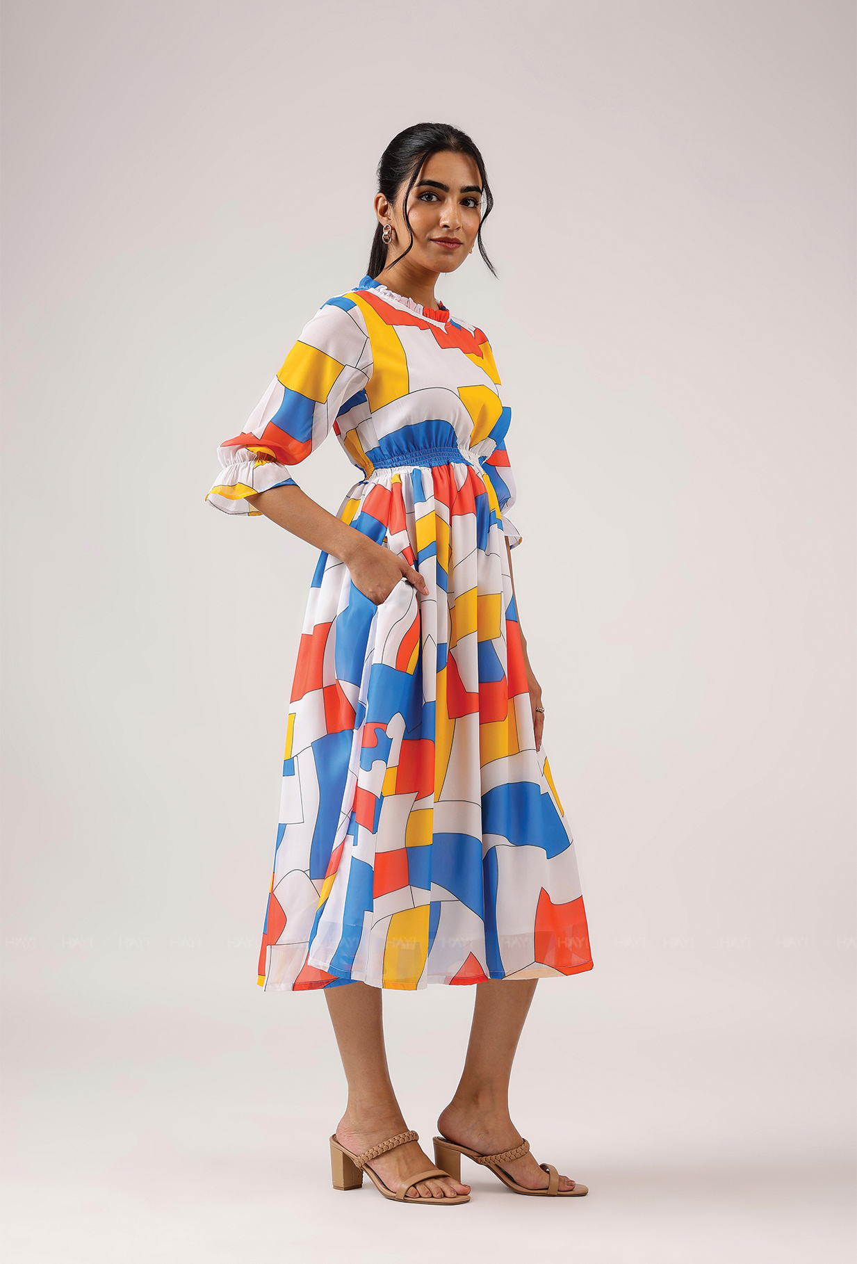 Prism White with Cubist Charm printed Lux Georgette Dress