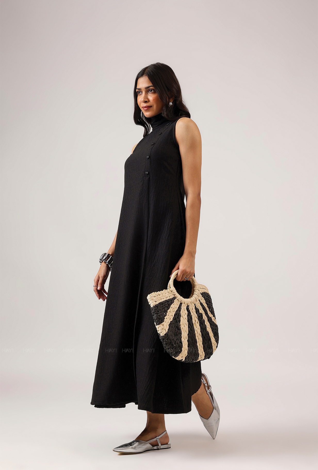 Blackout Babe High Neck With Side Buttons Flared Dress