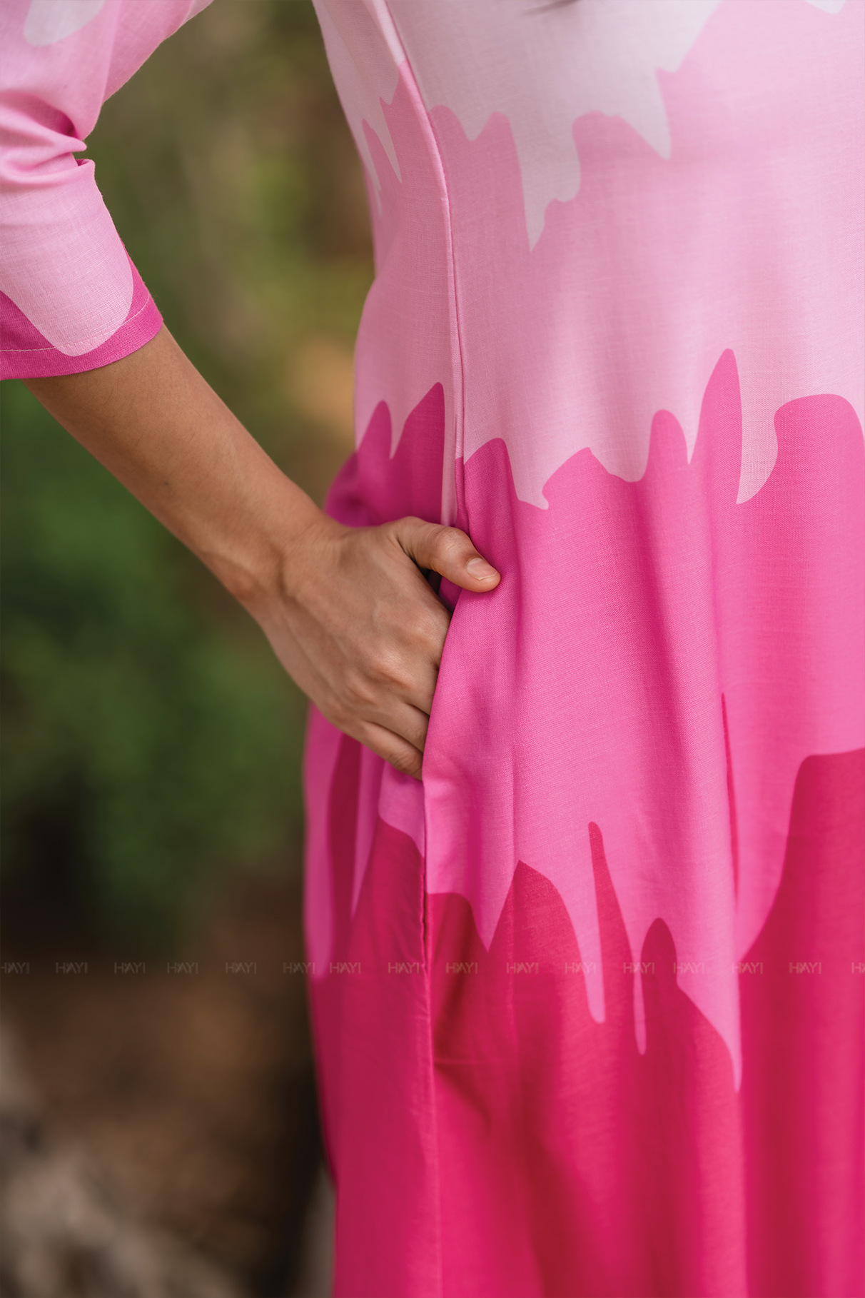 Blush Cascade Pink Linen Blend Dress with Boat neck & Digital Placement Print