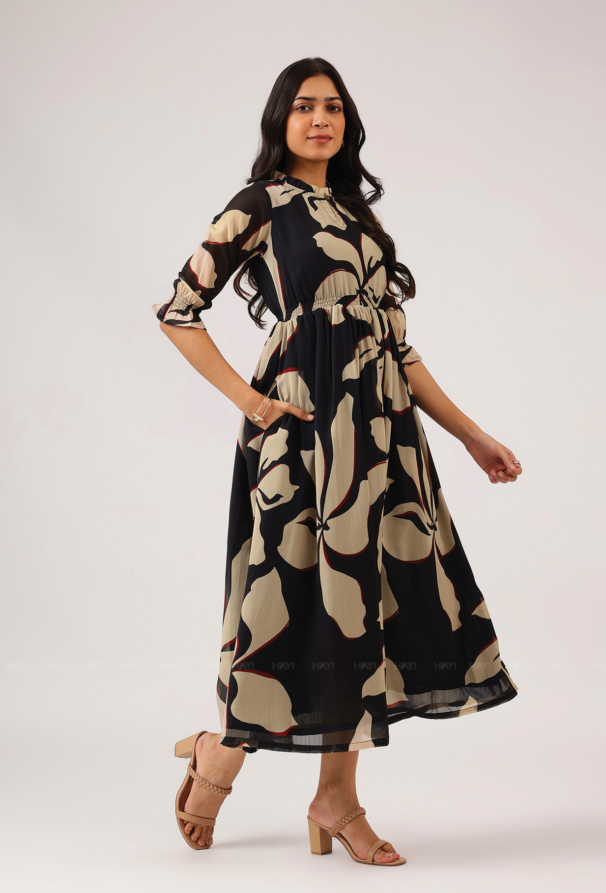 Spear Black with Charcoal Ink printed Lux Georgette dress