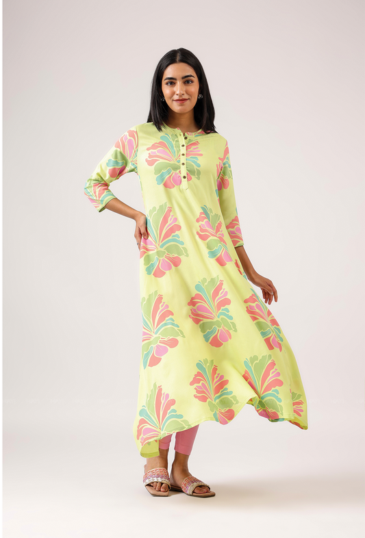 Gentle Lime with Blush Breeze printed Viscose A-line Dress
