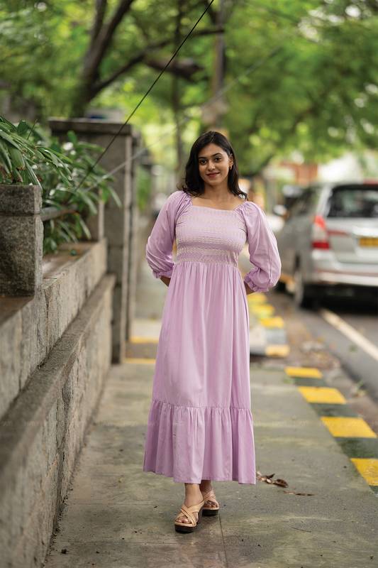 Lavender Fantasy Viscose Dress with Shoulder Elastic & Embroidery