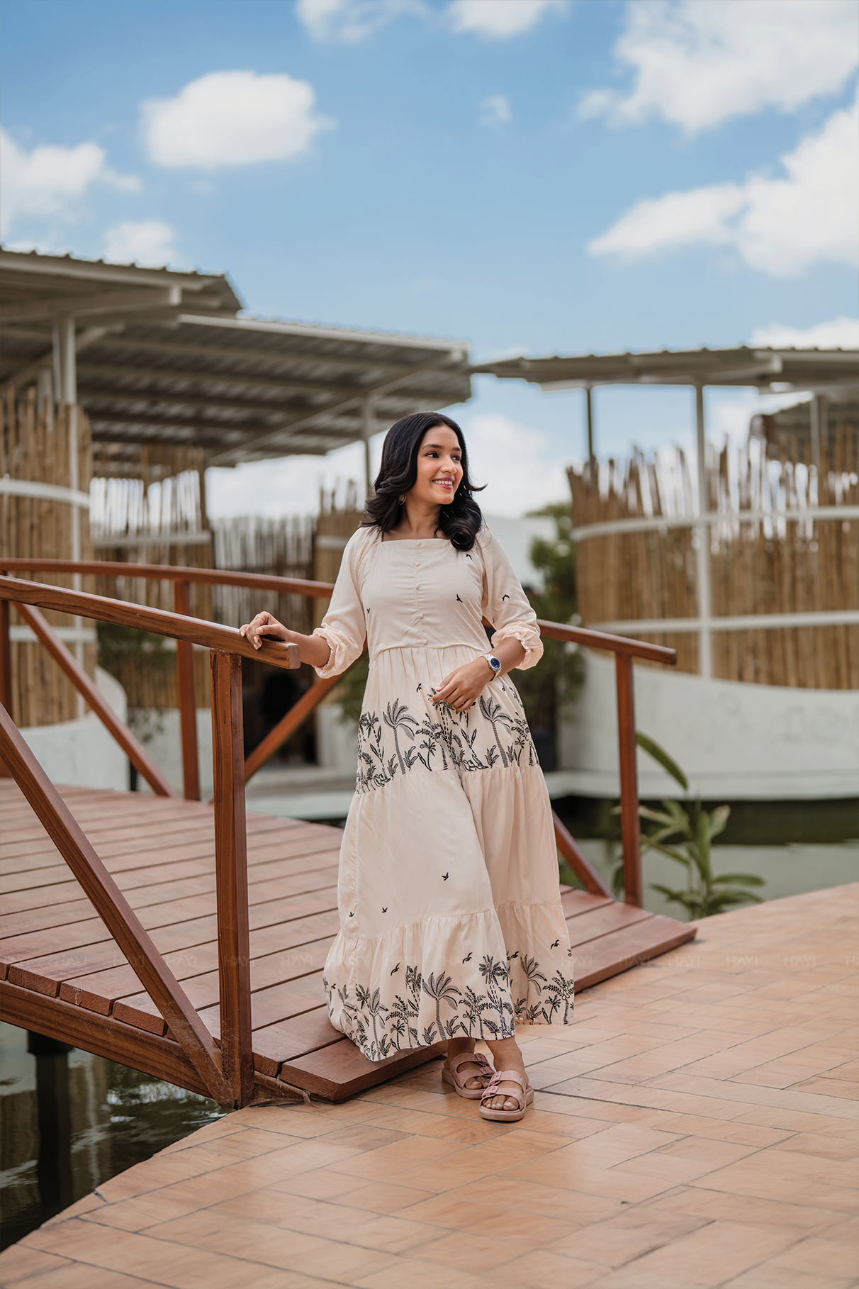 Lush Layers Beige Viscose Dress with Tropical Palm Print