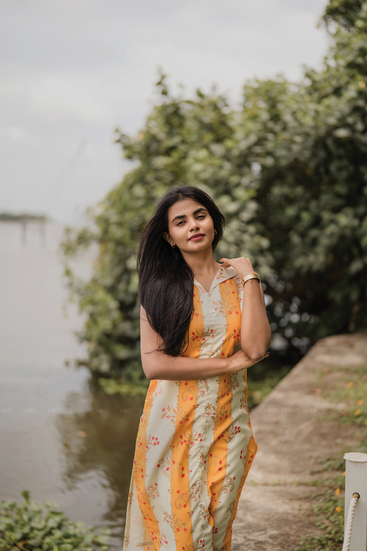 Sylan Yellow with Sunshine floral printed Linen Blend Kurta with Detachable 3/4th Sleeves