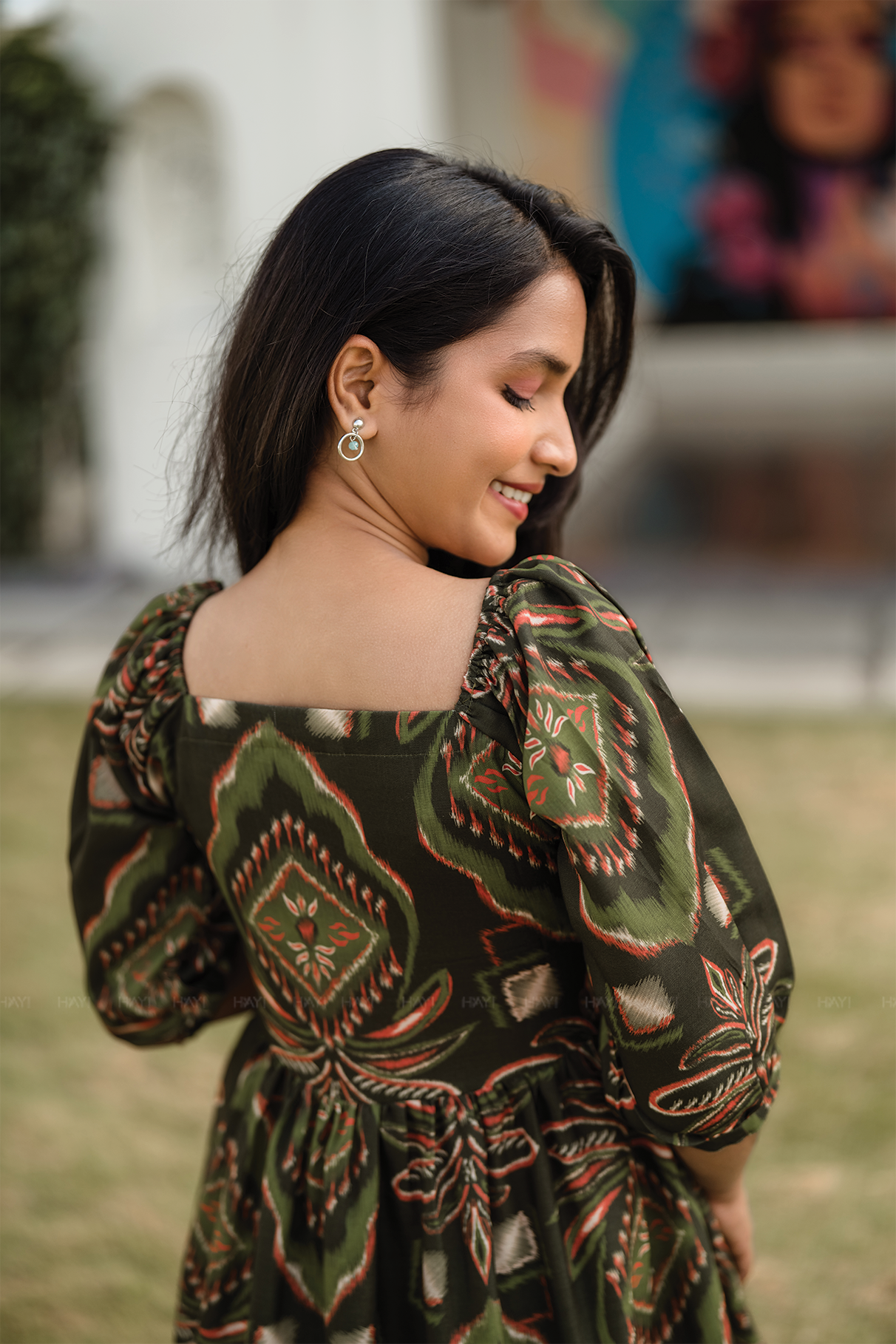 Burnished Green with Forest Desire floral printed Linen Blend Dress