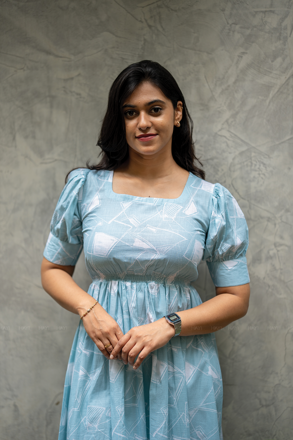 Petal Puff Blue Cotton Dress with Rounded Square Neck & Puff Elbow Sleeves