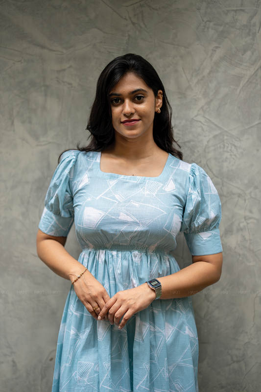Petal Puff Blue Cotton Dress with Rounded Square Neck & Puff Elbow Sleeves