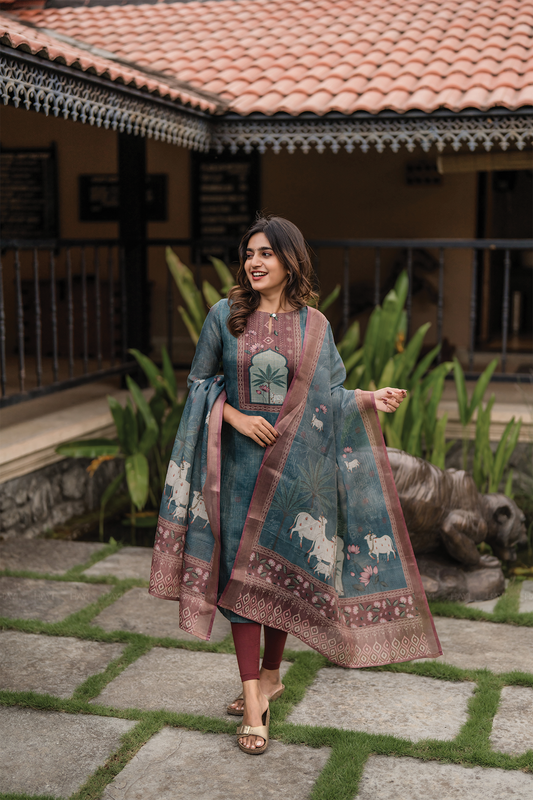 Hariyali Green printed 2 Piece Linen Shimmer Kurta with Dupatta